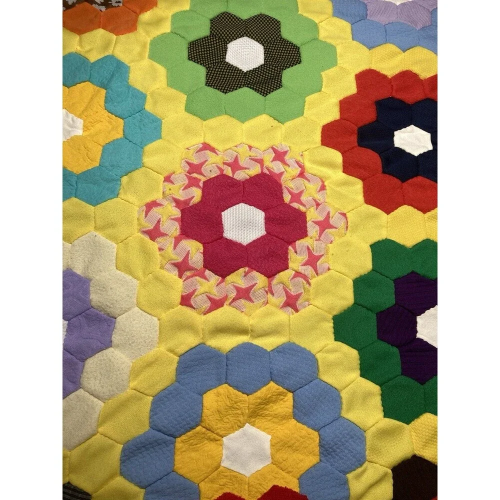 Vintage Hand Stitched Quilt Topper Grandmother's Flower Garden 95”x76”